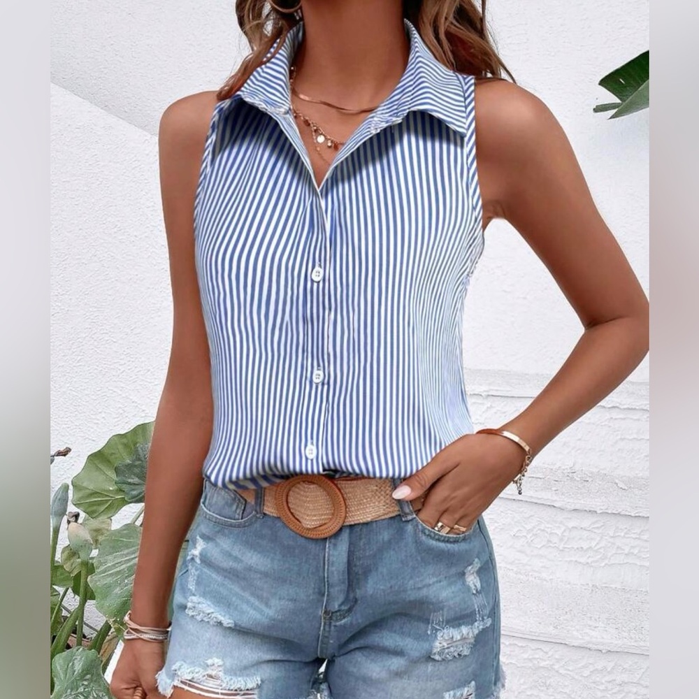 Brand new blue & white stripped sleeveless button down shirt. Size small